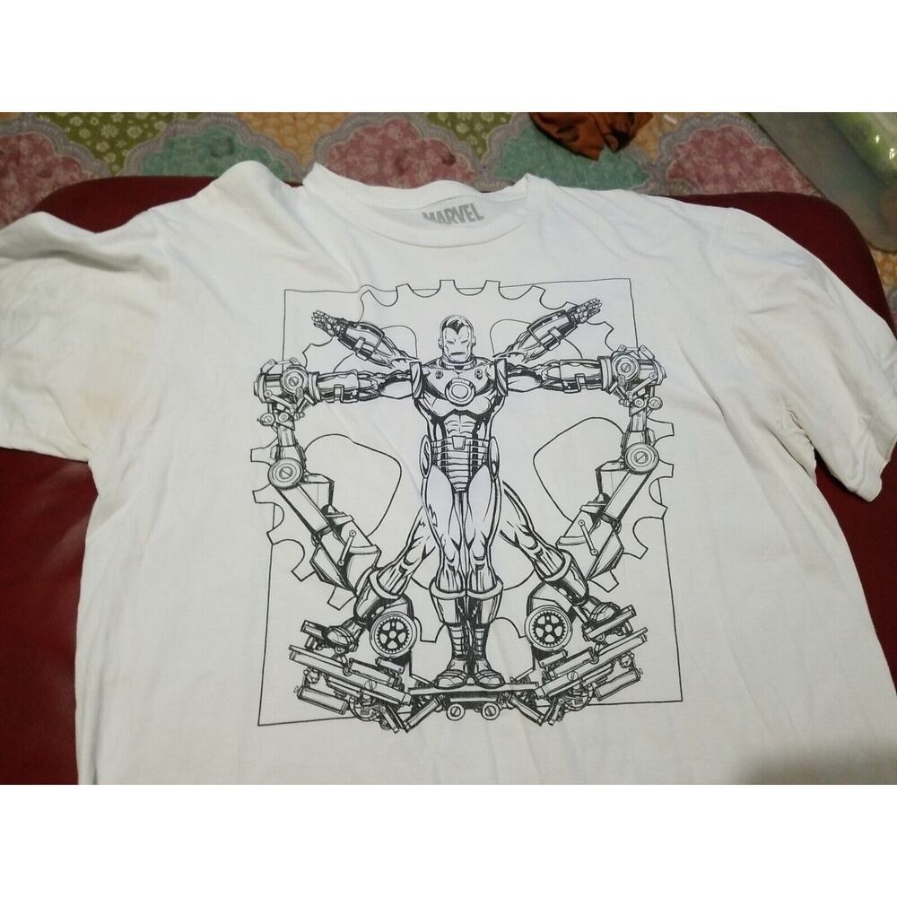 Iron Man Graphic White Mens Adult Tshirt Tee Super Hero Distressed‎ Short Sleeve